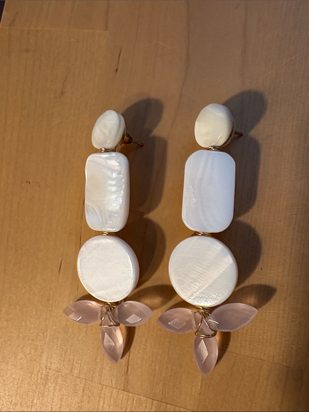 Mother-of-Pearl Drop Earrings with Pink Glass Accents